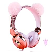 Kids Headphones for Girls, Cute Bear Ear Wired Girls Headphones with Microphone for School Travel Christmas Birthday Gifts (Pink)