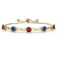 18K Yellow Gold Plated Red Garnet and Blue Created Sapphire and White Moissanite Tennis Bracelet For Women | 5.06 Cttw | Gemstone January Birthstone | Round 6MM | Fully Adjustable Up to 9 Inch