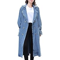 QZUnique Women Long Denim Jacket With Belt Jean Long Sleeve Trench Coat Button Down Casual Oversized Spring Tunic Outerwear