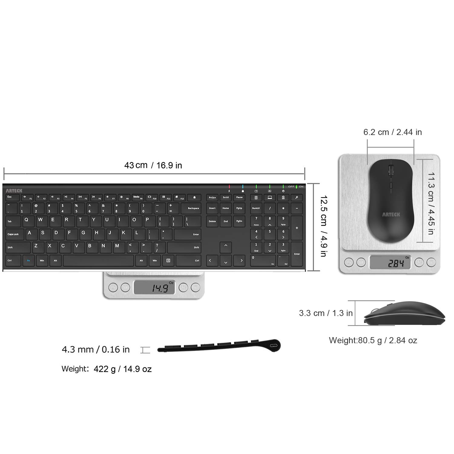 Arteck 2.4G Wireless Keyboard and Mouse Combo Stainless Steel Ultra Slim Full Size Keyboard Keyboard and Ergonomic Mice for Computer Desktop PC Laptop and Windows 11/10/8 Build in Rechargeable Battery