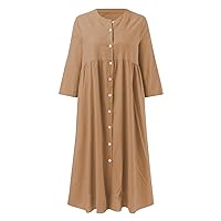 Women's Cotton and Linen Solid Color Casual Standing Collar Button Long Dress Casual T Shirt Dress