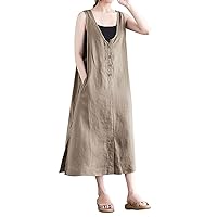 Womens Casual Summer Dress Sleeveless Loose Solid Color Daily Wear Lien Crew Neck Casual Women Dress with Side