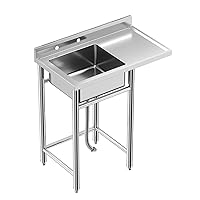 304 Stainless Steel Sink, Freestanding Commercial Kitchen Sink with Hot & Cold Hoses, 36 x 21 x 40 in Stainless Steel Single Bowl Utility Sink Set for Garage, Restaurant, Laundry