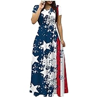 4th of July Maxi Dress Women USA Flag Stars Stripes Empire Waist Dress Summer Short Sleeve V Neck Casual Beach Dress
