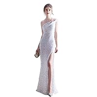 Women's Strapless One Shoulder Bodycon Floor Length Sequins Prom Evening Dresses with Side Slit