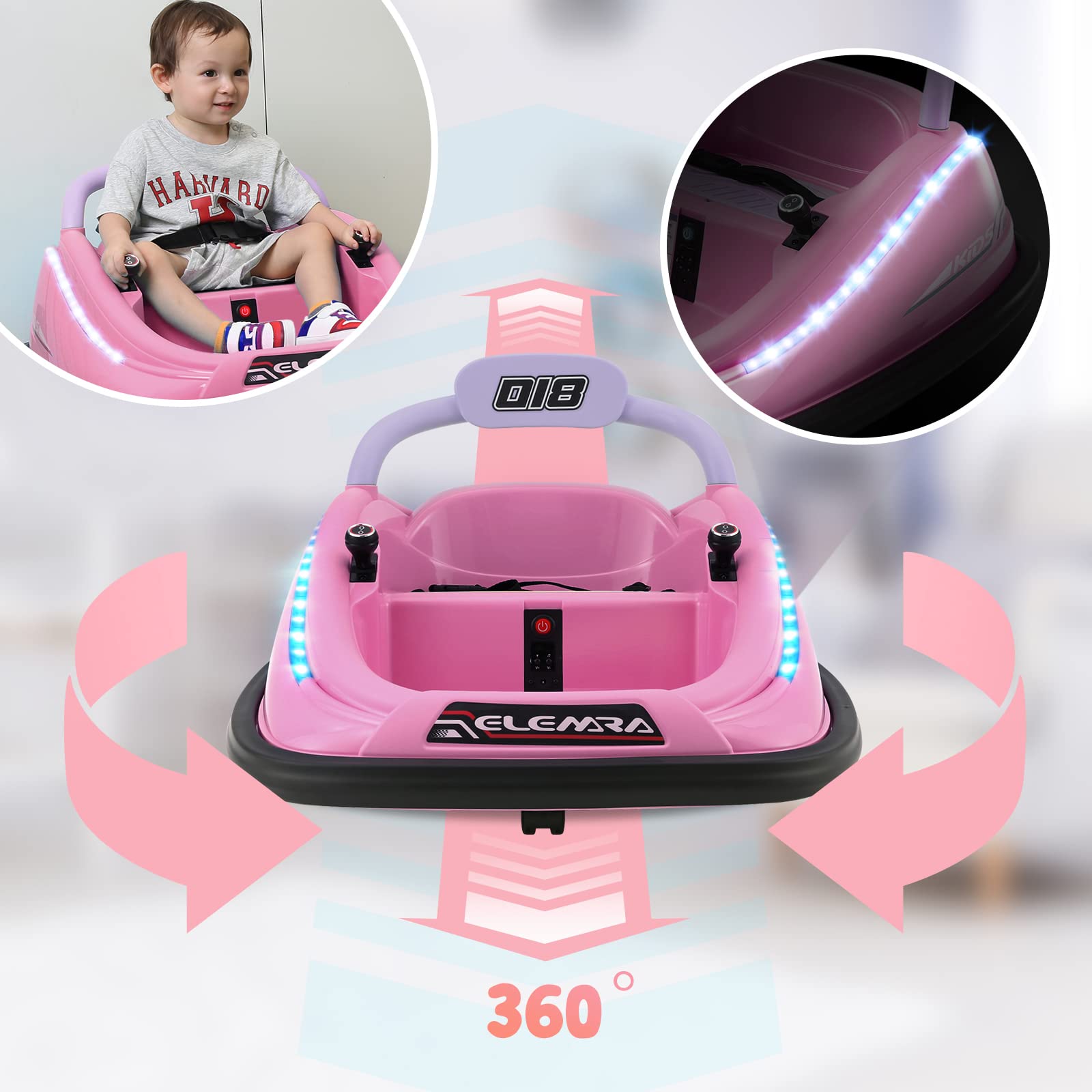 ELEMARA Bumper Car for Toddlers, 12V Electric Ride On Car Baby Bumper Car with 2 Driving Modes, Remote Control, Safety Belt,LED Lights and DIY Stickers Bumper Car for Kids, Large, Pink