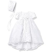 Baby Girls' Short Sleeve Satin Embroidered Christening Dress with Bonnet, White, 2