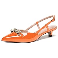 WAYDERNS Women's Metal Chian Slingback Patent Pointed Toe Ankle Strap Kitten Low Heel Pumps Shoes 1.5 Inch