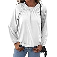Grlasen Women's Solid Crew Neck T Shirt Blouse Cotton Half Sleeve 3/4 Sleeve Casual Loose Pleated Basic Tops