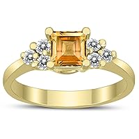 SZUL Princess Cut 5X5MM Citrine and Diamond Duchess Ring in 10K Yellow Gold