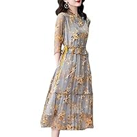 2021 New Women's Spring and Summer Silk Dress mid-Length, Waist Waist and Thin Temperament Mulberry Silk Floral Skirt(Photo Color,XXL)