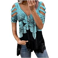Summer Women Cold Shoulder Tshirt Tops Casual Sexy Loose Fit V Neck Tunic Fashion Graphics Short Sleeve Zipper Blouses