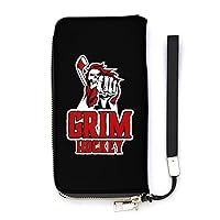 Grim Skull Hockey Wristlet Wallet Leather Long Card Holder Purse Slim Clutch Handbag for Women