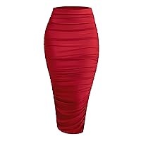 ZESICA Womens Side Slit High Waist Ruched Bodycon Pencil Skirt Party Club Night Out Midi Skirts,Red,M