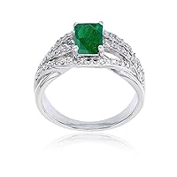 DECADENCE Sterling Silver Rhodium 1mm Created White Sapphire & 7x5mm Emerald Cut Rose De France Ring