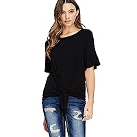 Sporotli Womens Casual Short Bell Sleeve Front Tie Knot Loose Fit T-Shirt Top