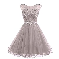 VeraQueen Women's A Line Beaded Homecoming Dress Short Tulle Sleeveless Cocktail Gown Grey