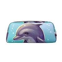 Cute sea animal dolphin Pencil Case Leather Pen Bag Travel Makeup Bag Zipper Organizer Bag for Women Men