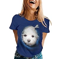 White Long Sleeve Shirts for Women Cropped Puff Women Fashion Casual Cute Puppy Print Round Neck Short Sleeve