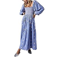 Women Bohemian Floral Dress Lantern Sleeve Square Neck Flower Embroidered Maxi Dress Flowy High Waist Long Dress