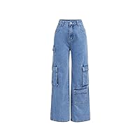 SOLY HUX Girl's Casual Denim Pants Flap Pocket Side Cargo Jeans
