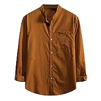 Mens Casual Button Down Shirt Long Sleeve Linen Chambray Shirt Pockets Casual Banded Collar Dress Shirt Work Shirt
