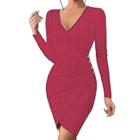 Easter Dress for Women Plus Size,Solid Color V Neck Tight Hip Hugging Slim Sexy Long Sleeved Dress for Women Ca