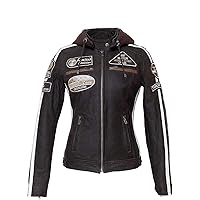 Womens Retro Biker Cafe Racer Hooded Badges Vintage Motorcycle Leather Jacket