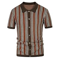 Men's Short Sleeve Knit Shirts Casual Vintage Striped Lapel Collar Button Down Top Fashion Work Business Dress Shirt