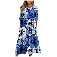 Womens Casual Dress 2023 Floral Print Cute Round Neck Dresses Relaxed Fit Flowy Loose Ankle Length Dresses