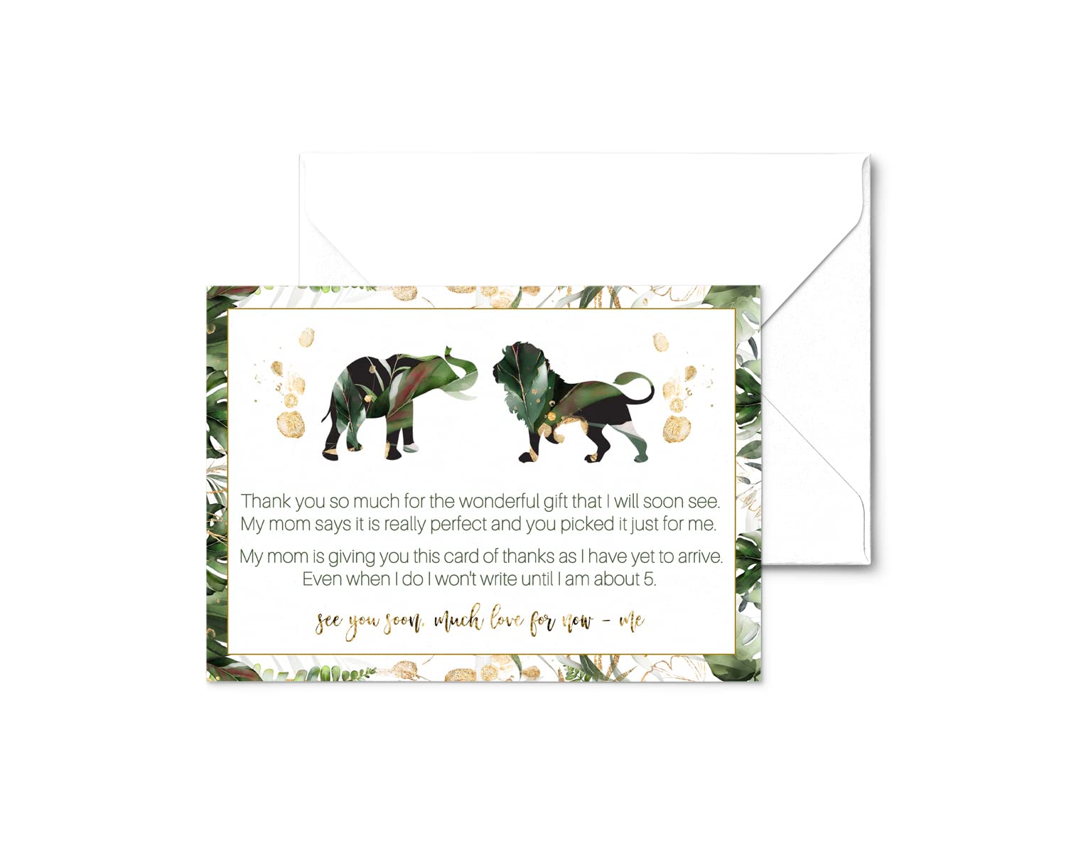 Paper Clever Party Green and Gold Baby Shower Thank You Cards with Envelopes (25 Pack) Individual Prewritten Message from Babies for Registry Gifts Boys or Girls Royal Jungle 4x6 Blank Set