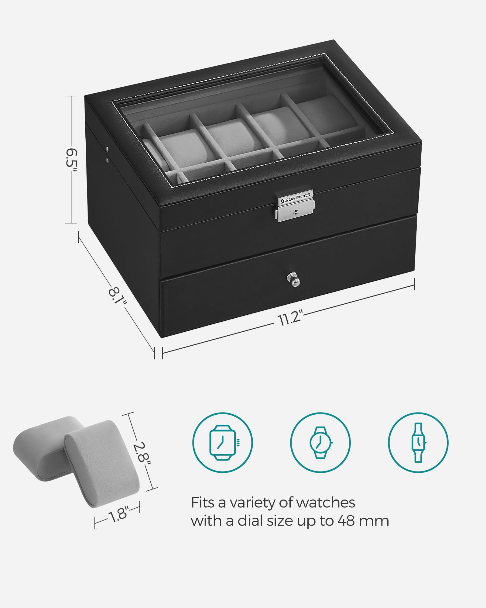 SONGMICS 20-Slot Watch Box, Watch Case with Glass Lid, 2 Layers, Lockable Watch Display Case, Black Synthetic Leather, Gray Lining UJWB006