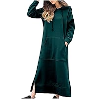Fall Dresses for Women 2023 Long Sleeve Kangaroo Pocketed Pullover Hoodie Dresses Casual Solid Loose Fit Split Maxi Dresses