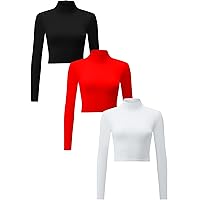 Flutnel 3 Piece Women's Crop Tops Long Sleeve Mock Turtle Neck Stretch Fitted Workout Exercise Crop Tops