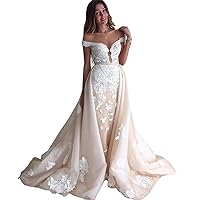 Melisa Off Shoulder Lace Beach Mermaid Wedding Dresses for Bride Detachable Train Long Bridal Ball Gowns