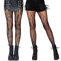 SamHeng Printed Fishnet Tights for Women, 2 Pairs Stretchy Black Snake & Flame Patterned High Waist Mesh Tights, Fashionable Sexy Fishnet Stockings Night Club Pantyhose for Party Cosplay Daily Wear