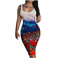 Sexy Bodycon Dresses for Women Summer Plus Size Landscape Print Knee Length Midi Dress Square Neck Sleeveless Dresses