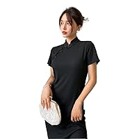 Dresses for Women Rib-Knit Mandarin Collar Split Thigh Dress (Color : Black, Size : Large)