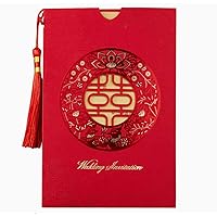 100Pcs Chinese Red Double Happiness Tassel Slot Invitations Cards for Wedding Engagement with Inners Envelopes