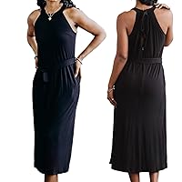 Casual Halter Dress for Women - Elegant Tie Front Dress, Sleeveless Flowy Long Maxi Dress for Parties