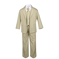 6pc Boy Khaki Vest Set Formal Tuxedo Suits with Satin Gold Necktie Baby to Teen