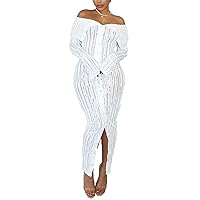 SHINFY Womens Sexy Maxi Dress Off Shoulder See Through Long Sleeve Split Bodycon Cocktail Club Dress