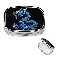 Pill Box 3 Compartment Square Small Pill Case Travel Pillbox for Purse Pocket Blue Chinese Dragon Metal Medicine Organizer Portable Pill Container Holder to Hold Vitamins Medication Supplements