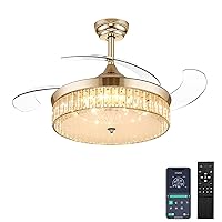 Ohniyou 42 Inch Retractable Ceiling Fan with Lights Remote, Crystal Chandelier Ceiling Fan, Dimmable Fandelier Ceiling Fan for Bedroom Living Room Indoor (Gold)