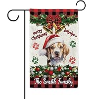 Cute Baby Beagle Dog in Santa Hat Garden Flag Dog Paws Christmas Decoration Bell Ho Ho Ho Decor Outdoor Yard Banner Custom Name, 12.5 x 18 Inch Double Side, Style 1