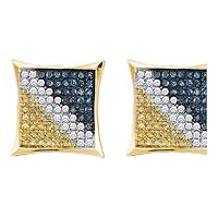 The Diamond Deal 10kt Yellow Gold Mens Round Blue Color Enhanced Diamond Square Kite Earrings 1/20 Cttw