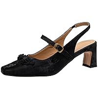 Women's Leather Heels Chunky Heel Slingback Pumps Square Toe Dress Shoes