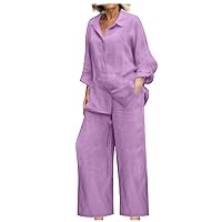 Long Pants Sets Women 2 Piece Outfits Cotton Linen Casual Button Up Lapel Shirts and Wide Leg Trousers Lounge Sets