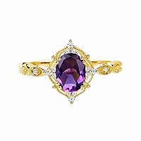 10K 14K 18K Gold 1 Carat Oval Gemstone Vintage Engagement Ring with Real Diamond for Women, Birthstone Wedding Promise Gift Ring for Her (I2-I3 Clarity) Alexandrite