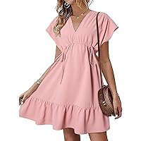 Womens Mini Babydoll Dress Summer Cap Sleeve Dresses Casual Ruffle Swing Sundress A-Line Drawstring Casual Dress